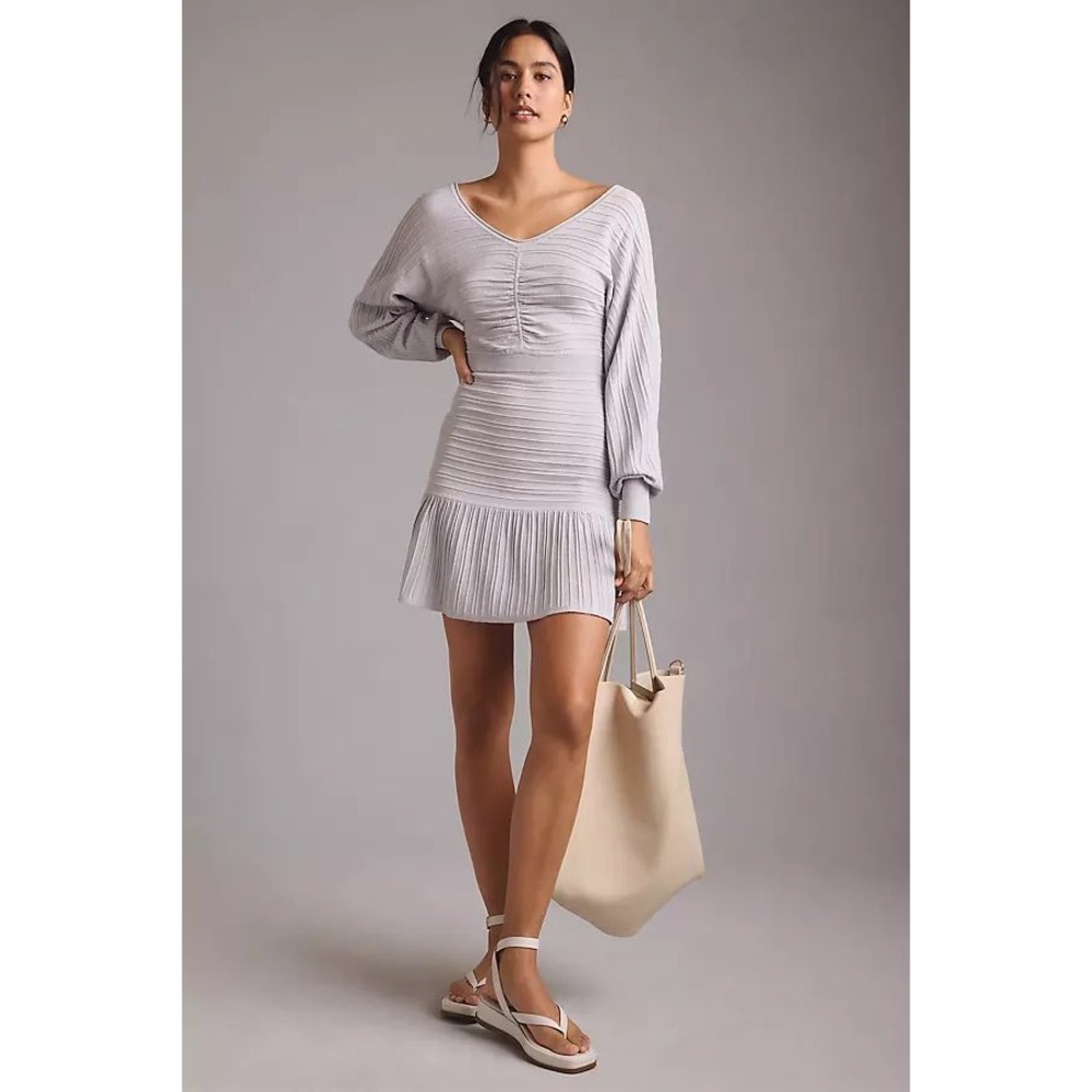 Daily Practice Anthropologie Ribbed Knit Mini Dress Grey V-Neck Small